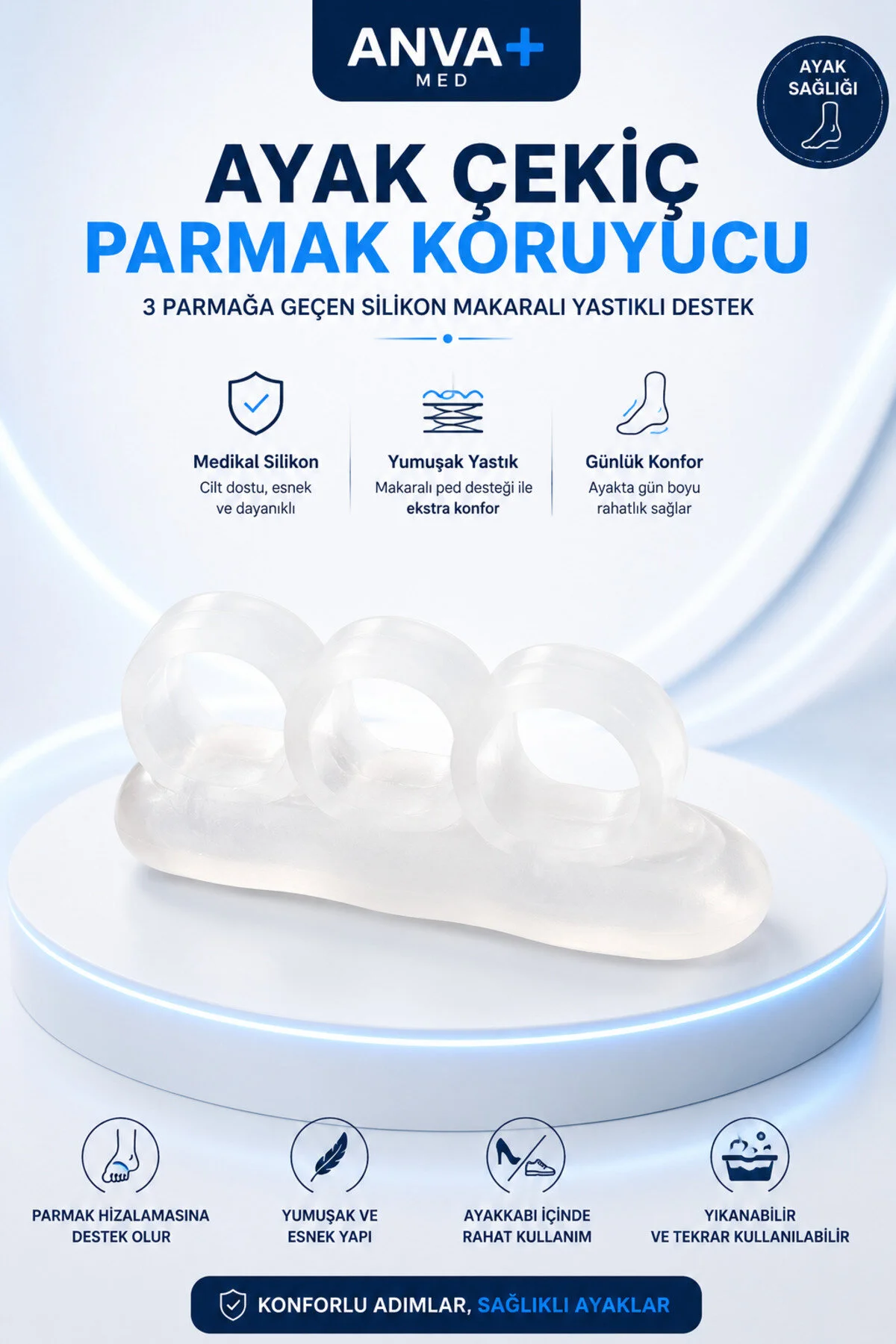 Ayak Çekiç Parmak Koruyucu 3 Parmağa Geçen Silikon Makaralı Yastıklı Destek