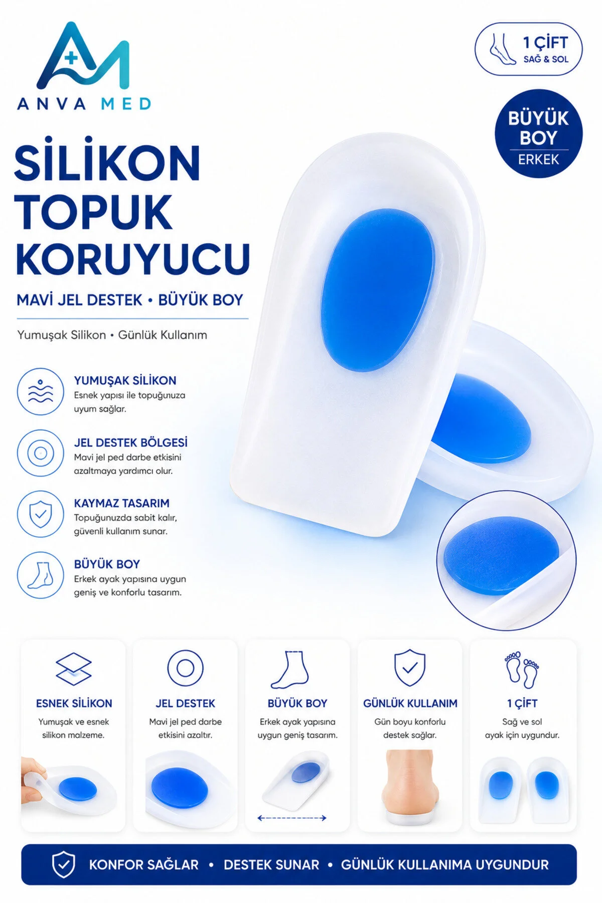 Büyük Boy Silikon Topuk Koruyucu Mavi 75 gr Erkek (1 Çift)
