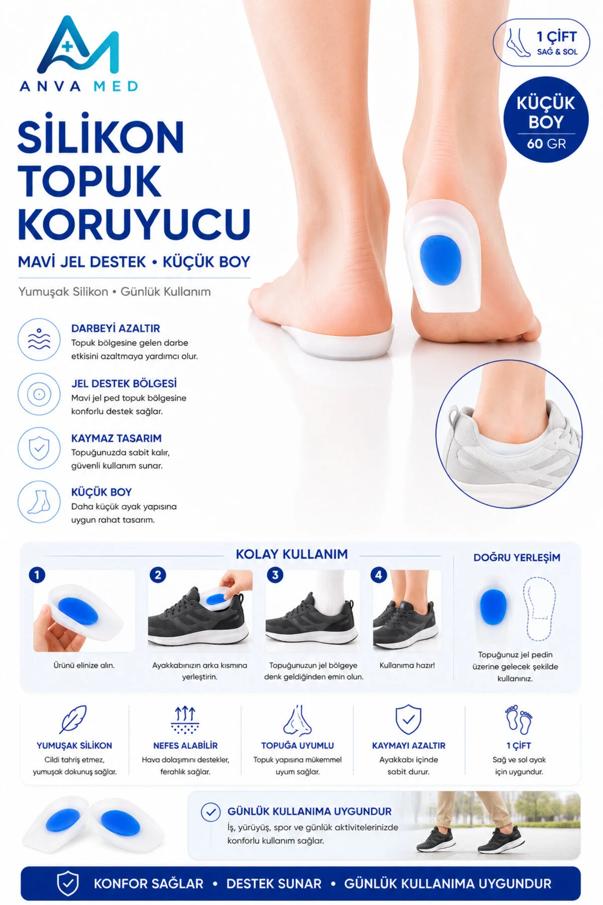 Küçük Boy Silikon Topuk Koruyucu Mavi 60 gr (1 Çift)