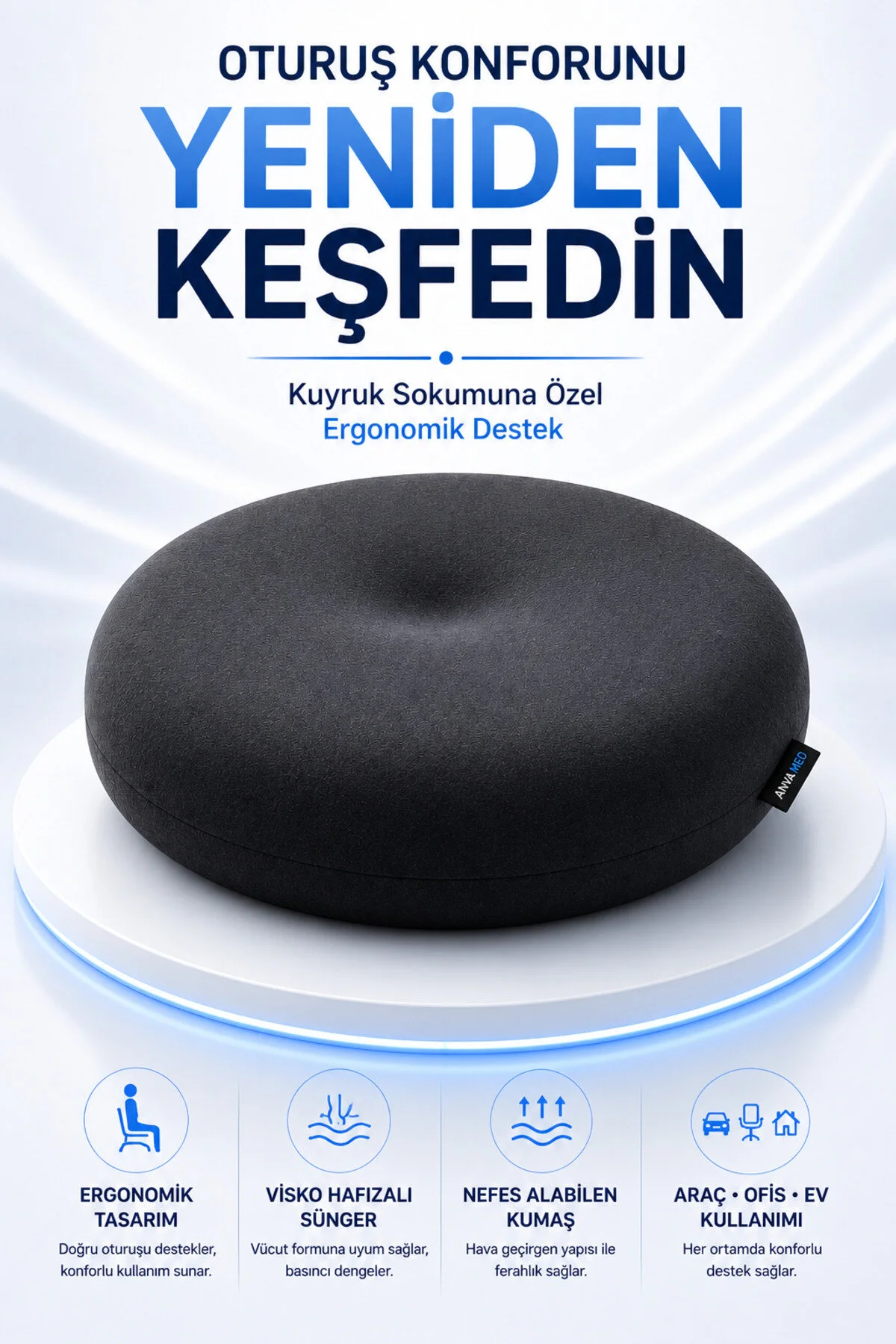 Ortopedik Oturma Simidi Yuvarlak Koltuk Minderi Kuyruk Sokumu Destekli Oturma Yastığı