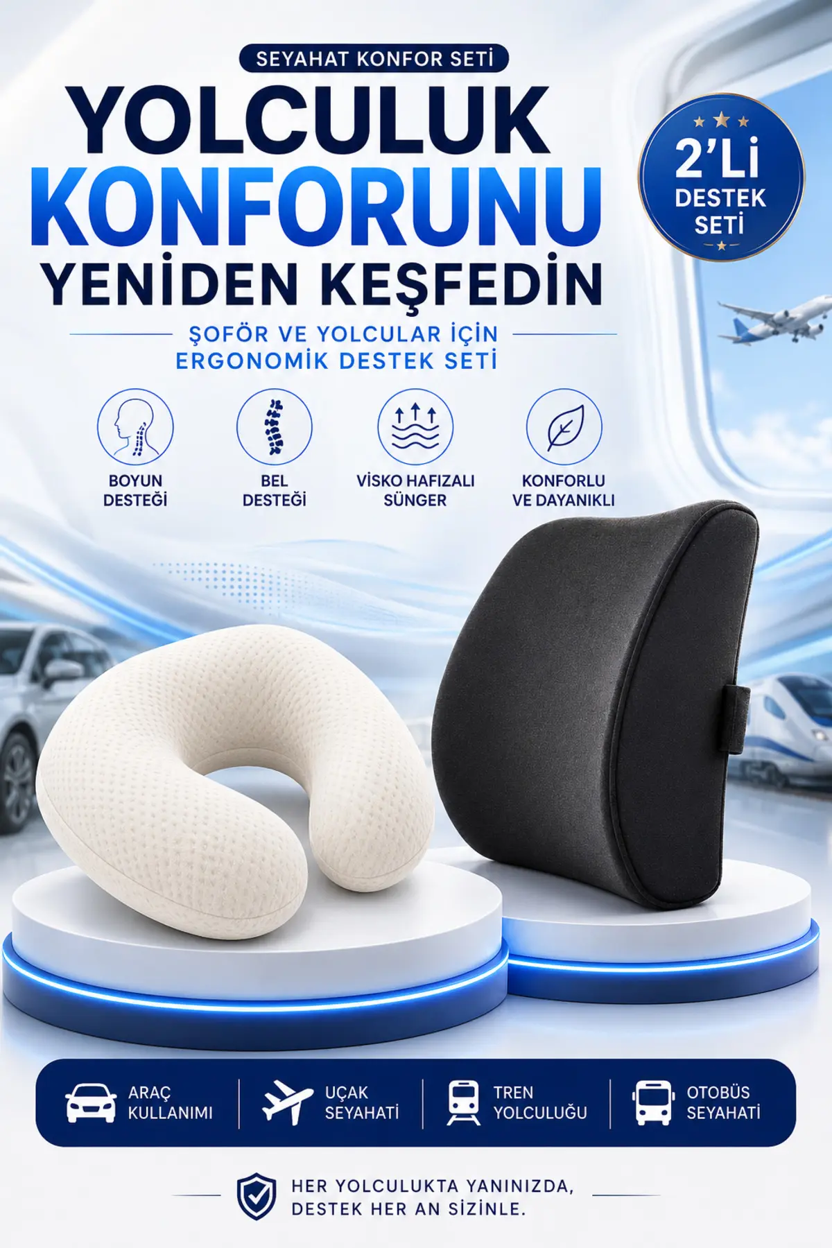 Ortopedik Seyahat Konfor Seti 2'li Visko Boyun Yastığı ve Bel Destek Minderi