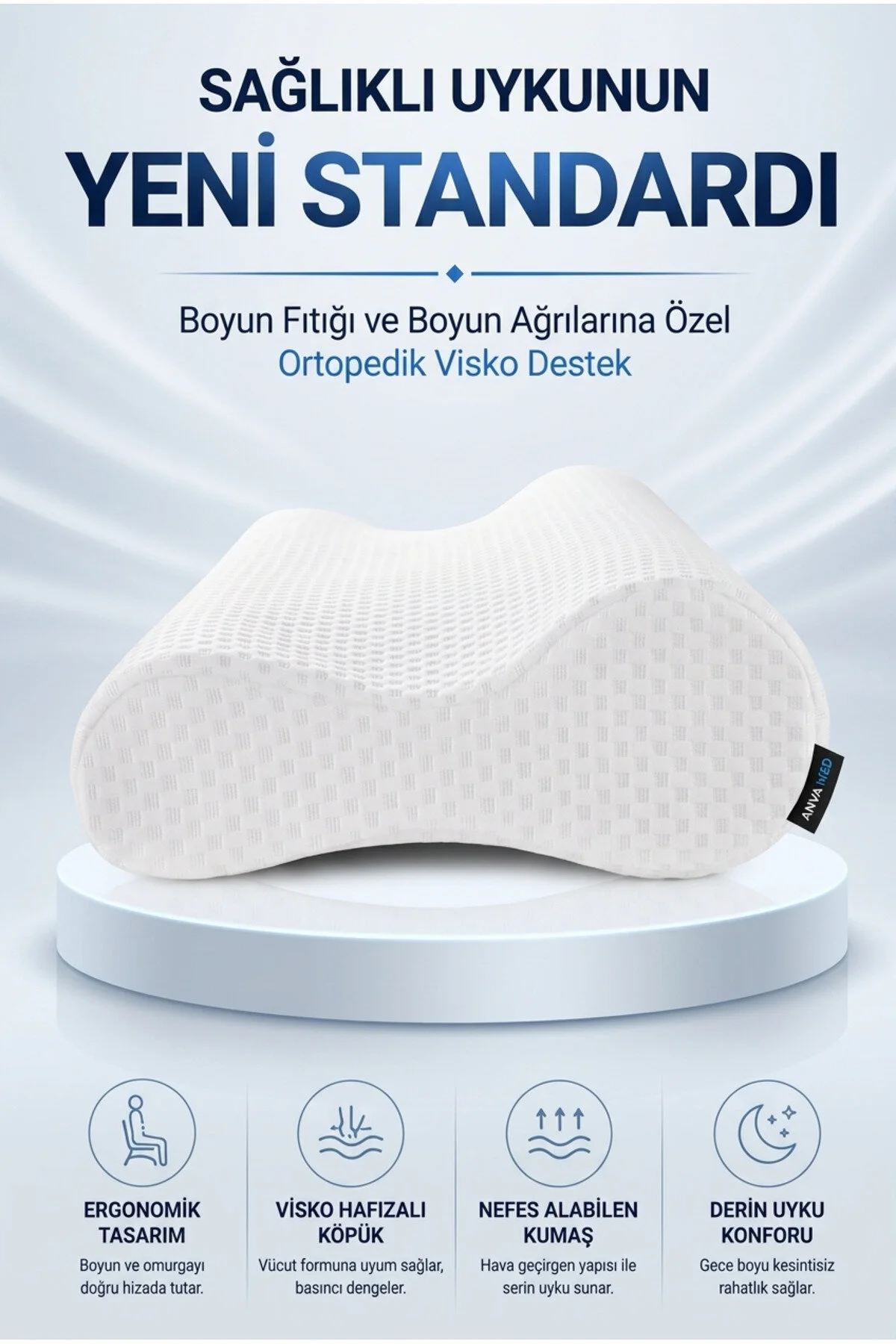Ortopedik Visko Boyun Yastığı Mega Boy – Boyun Destek Yastığı, Visko Hafızalı Köpük Uyku Yastığı, Ergonomik Boyun ve Omuz Destekli Yastık