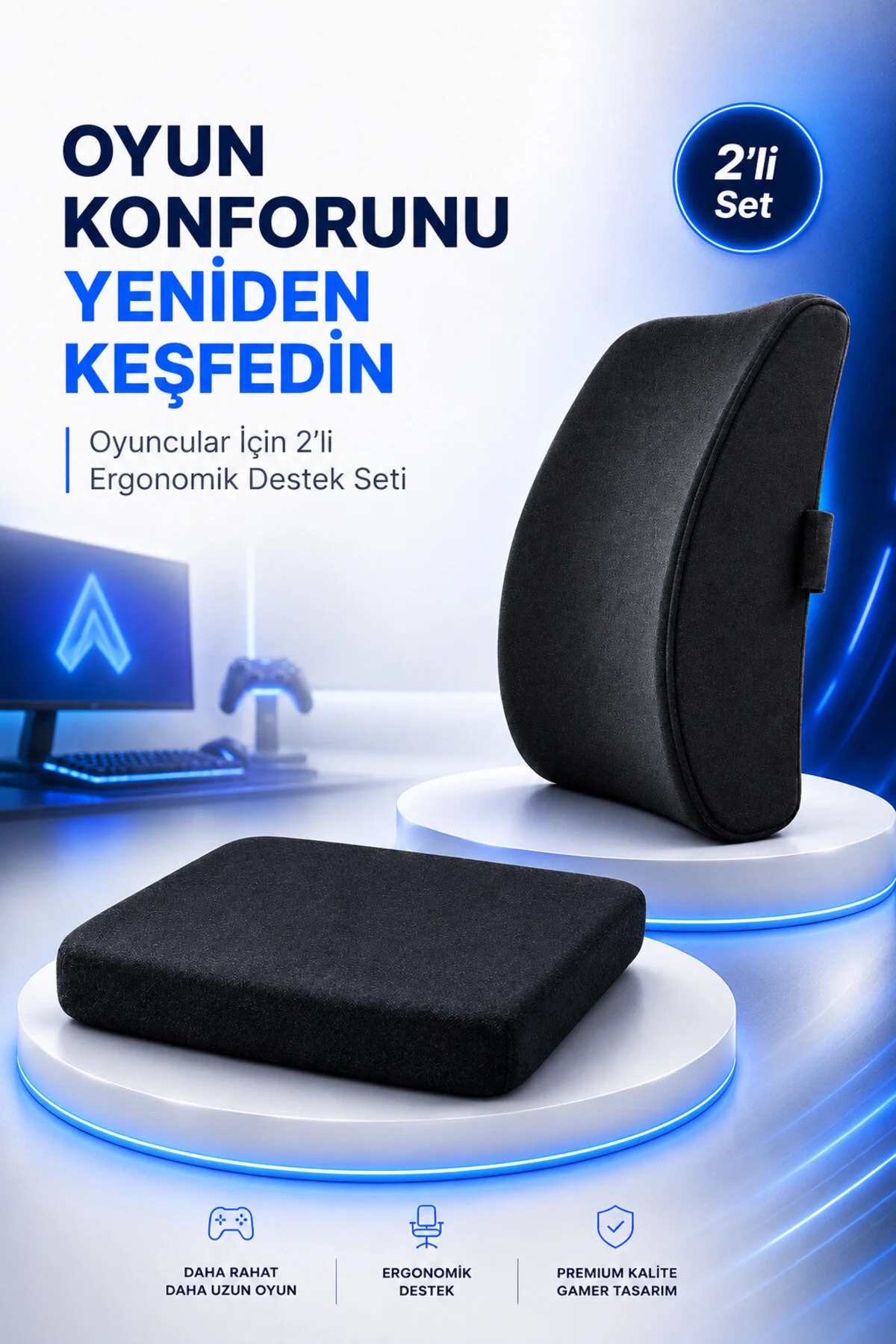 Oyuncular İçin Ortopedik Bel Destek Yastığı ve Kare Oturma Minderi Ergonomik Destek Seti