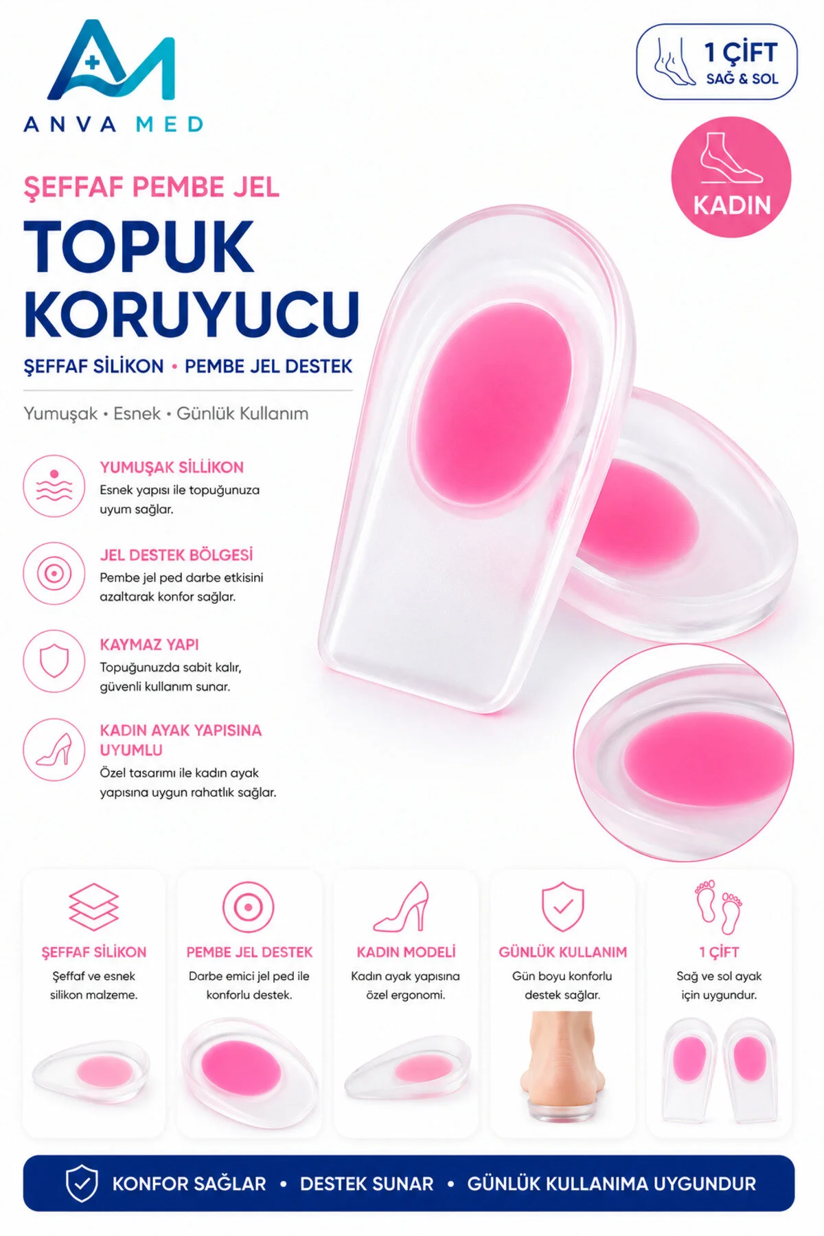 Şeffaf Pembe Silikon Topuk Koruyucu Kadın (1 Çift)