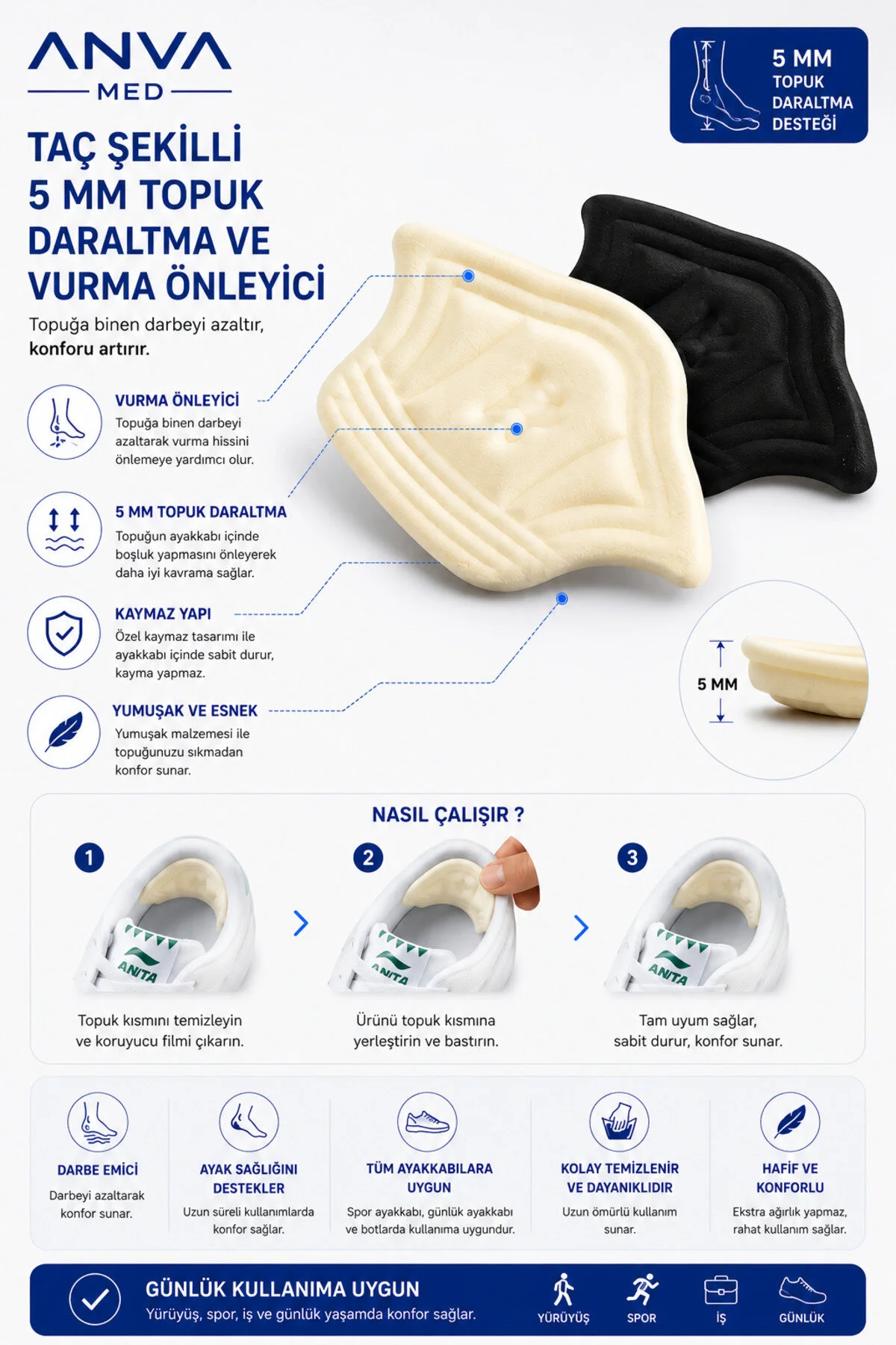 T Şekilli 5 mm Ayakkabı Topuk Daraltma ve Topuk Vurma Önleyici Ped