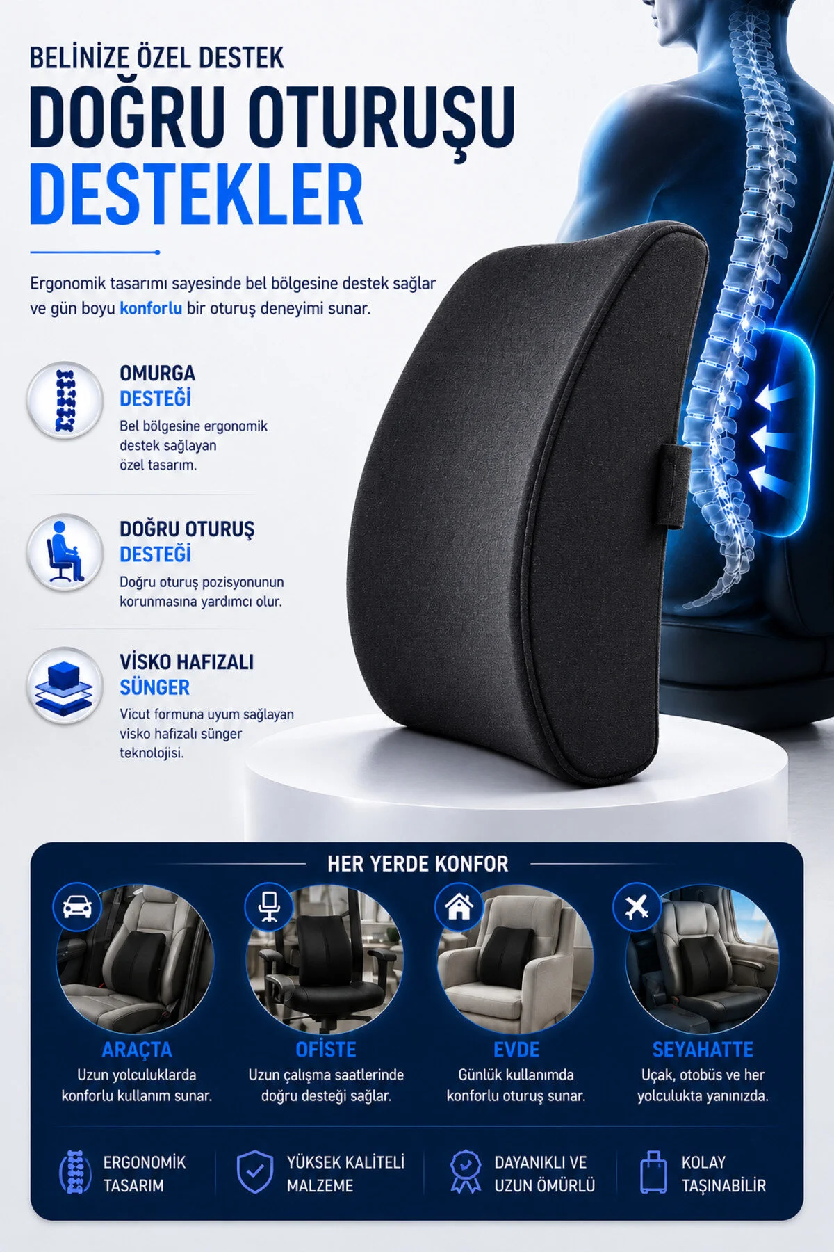 Visko Araç Ortopedik Bel Minderi – Oto Koltuk Bel Destek Yastığı, Sırt Dayama Minderi, Ergonomik Sürüş Konforu